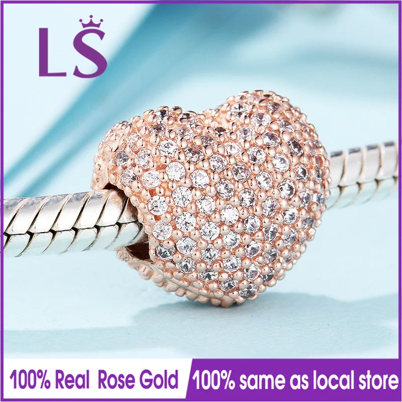 

LS High Quality Rose G.old Pave Open My Heart Clip Charm Beads Fit Original Bangles Berloques Para Pulseira.DIY Fine Jewelry.