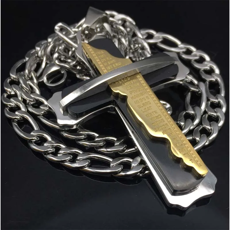 

Vintage Bold Large Layered Statement Cross Pendant Necklace For Men Stainless Steel figaro Chain three Tone