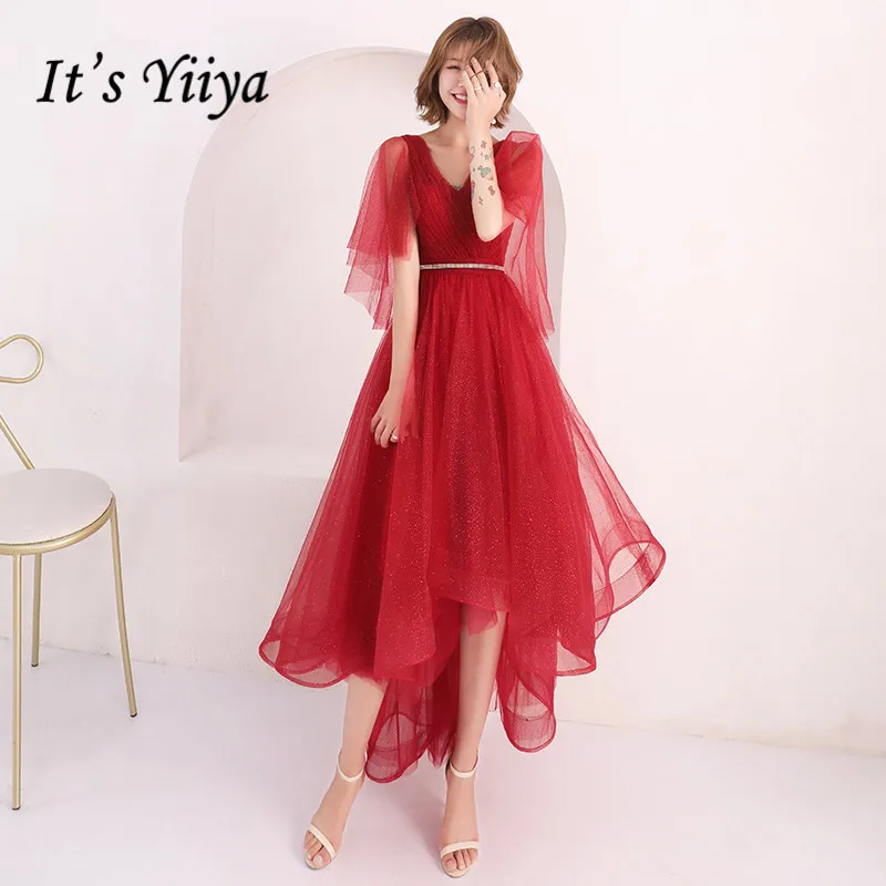 

It's YiiYa Prom Dress Red V-neck Asymmetrical Design Party Ball Gown Fashion Short Sleeve Lace Up Formal Dresses E133