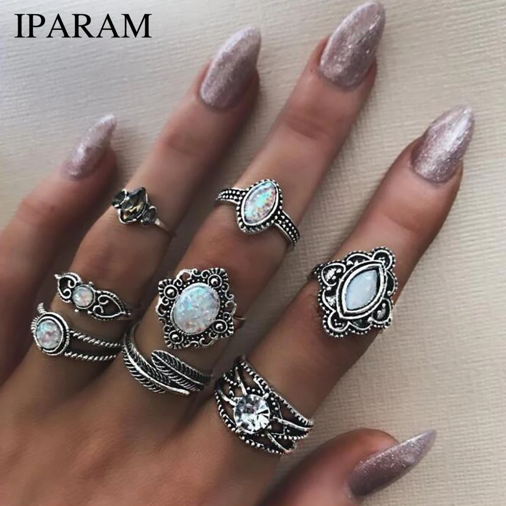 

IPARAM 8PCS/Set Ancient Silver Leaf Stone Midi Ring Sets Crystal Opal Acrylic Knuckle Rings Woman Fashion Statement Jewelry