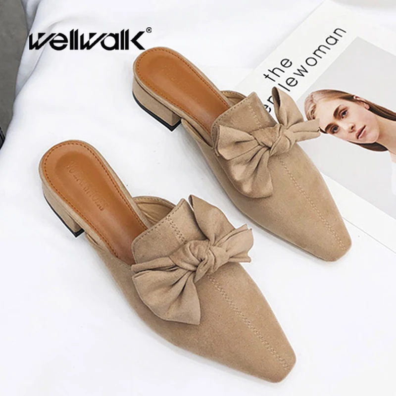 

Wellwalk Low Heel Slippers Ladies Mules Shoes Butterfly Knot Designer Slides Fashion Summer Shoes Indoor Slippers Slides
