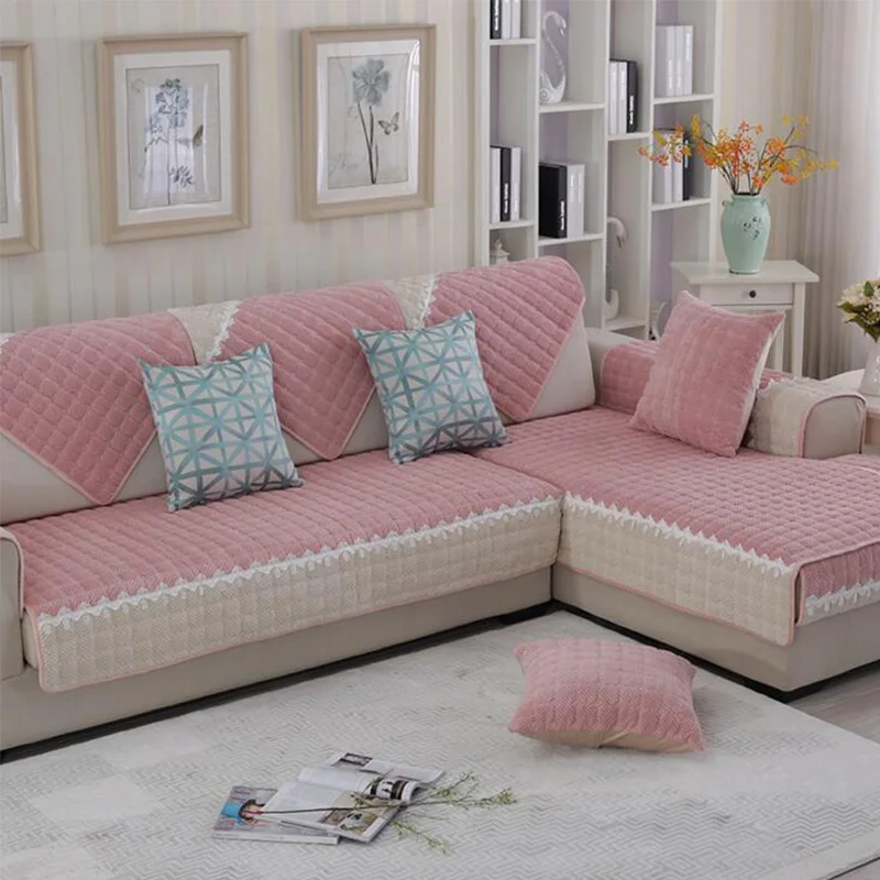 

Simple Warm Velvet Polyester Sofa Covers Pink Lace Stitching Sofa Dust Proof Towels Non-slip Mat Autumn Winter Living Room Decor