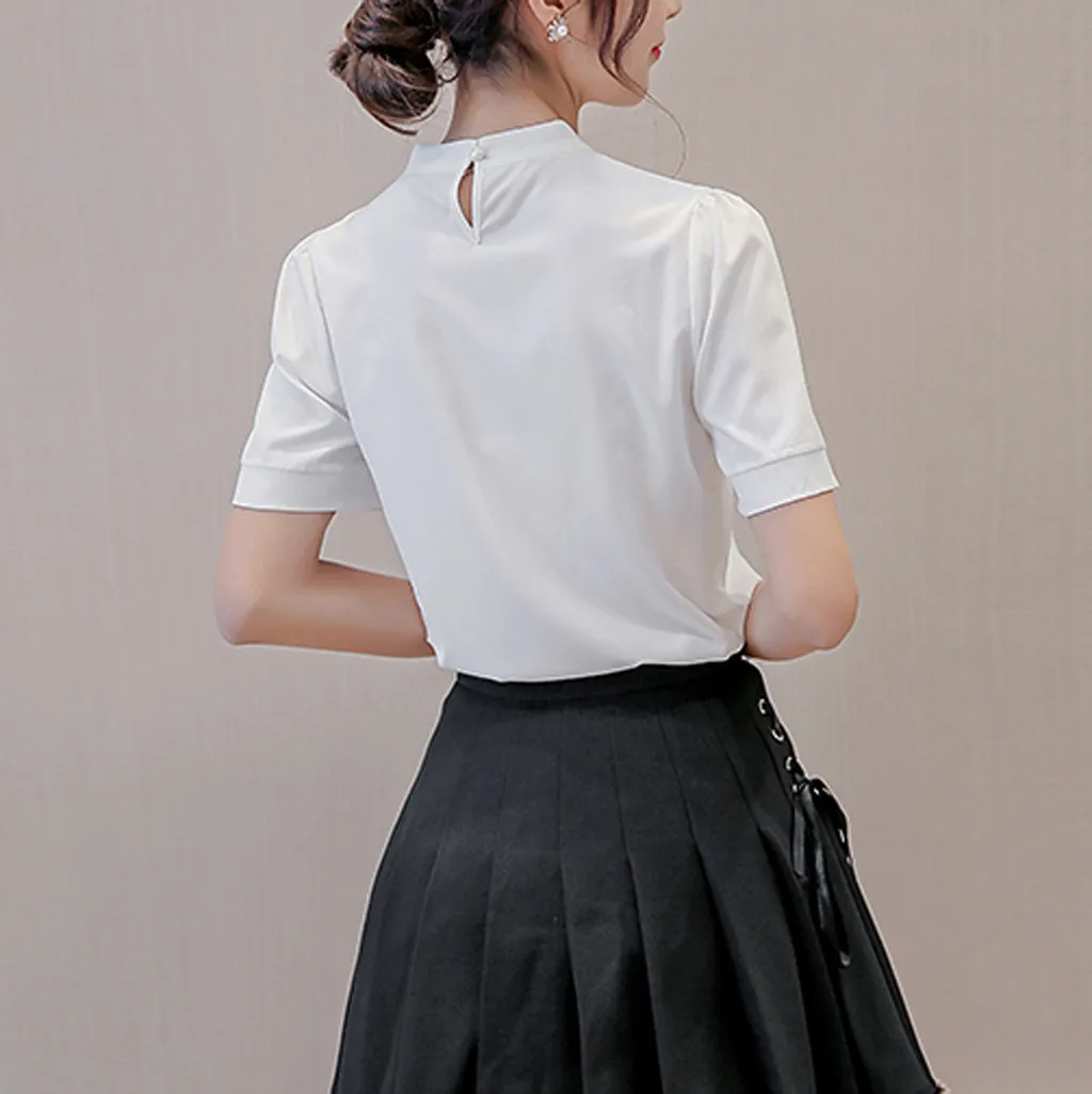 Women Blouse 2019 Women Summer Work Office Short Sleeve Bow Tie Solid Chiffon Blouse Tee Shirt Top