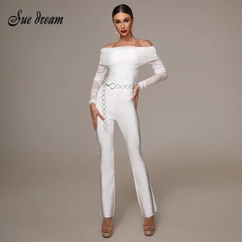 

High Quality 2020 Summer New Women's White Leaking Shoulder Long Mesh Sleeve Bandage Jumpsuit Club Party Bodycon Jumpsuit