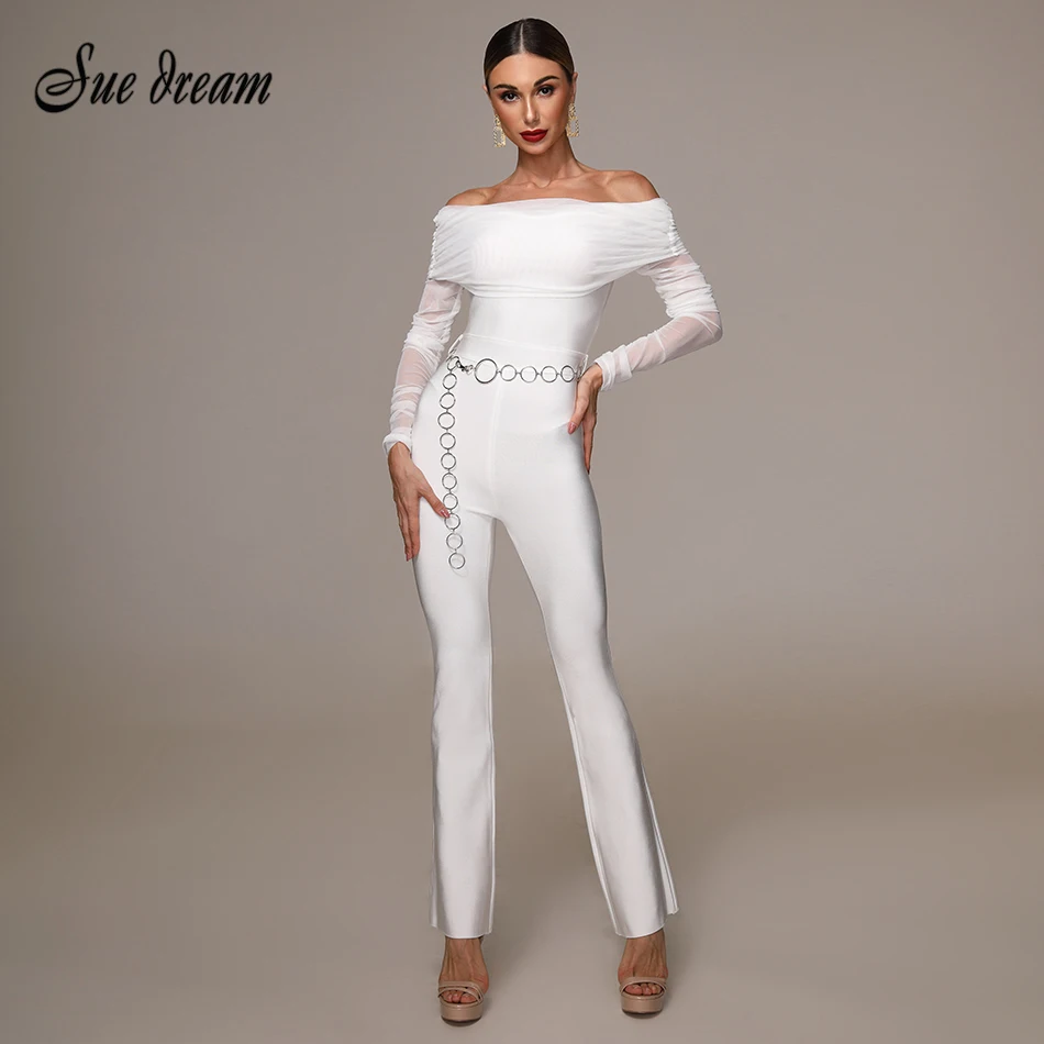 

High quality 2019 summer new women's white leaking shoulder long mesh sleeve bandage jumpsuit club party bodycon jumpsuit