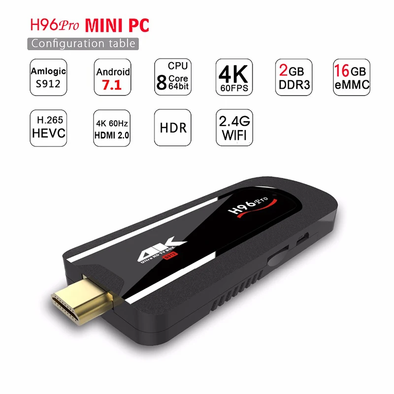 ТВ-приставка Восьмиядерный Amlogic S912 Smart Mini tv box Stick DDR3 2GB rom 16GB 2,4G Wifi HD2.0 BT4.1 Android 7,1 H96