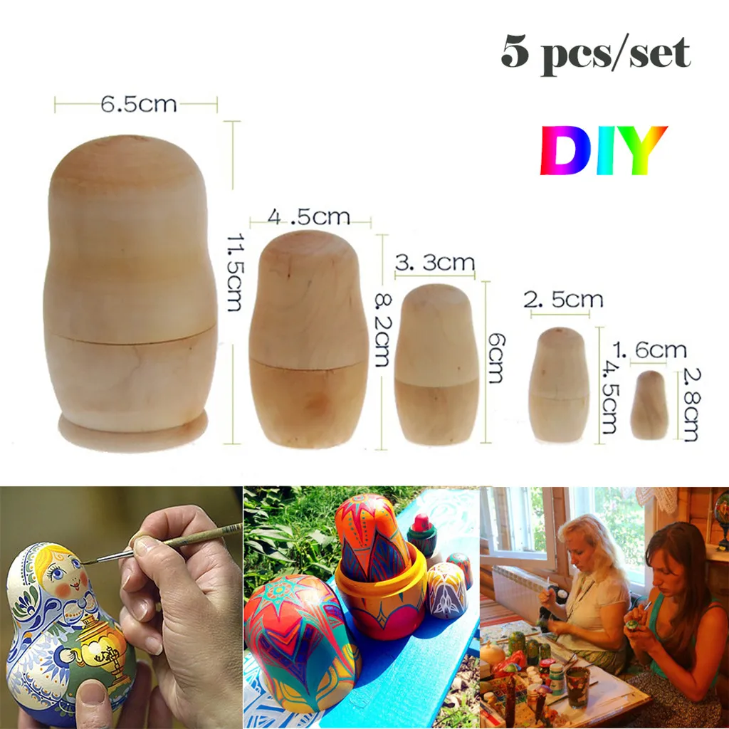 

Drawing Writing Russian Nesting Doll Blank Matryoshka Wood Unpainted DIY Handicraft 5/set Intelligence Education Development Toy