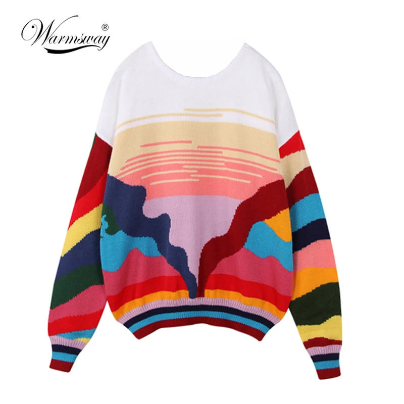 

Women New vintage warm sweaters Rainbow Striped pullovers winter Spring knitted retro loose knitted tops blusas C-078