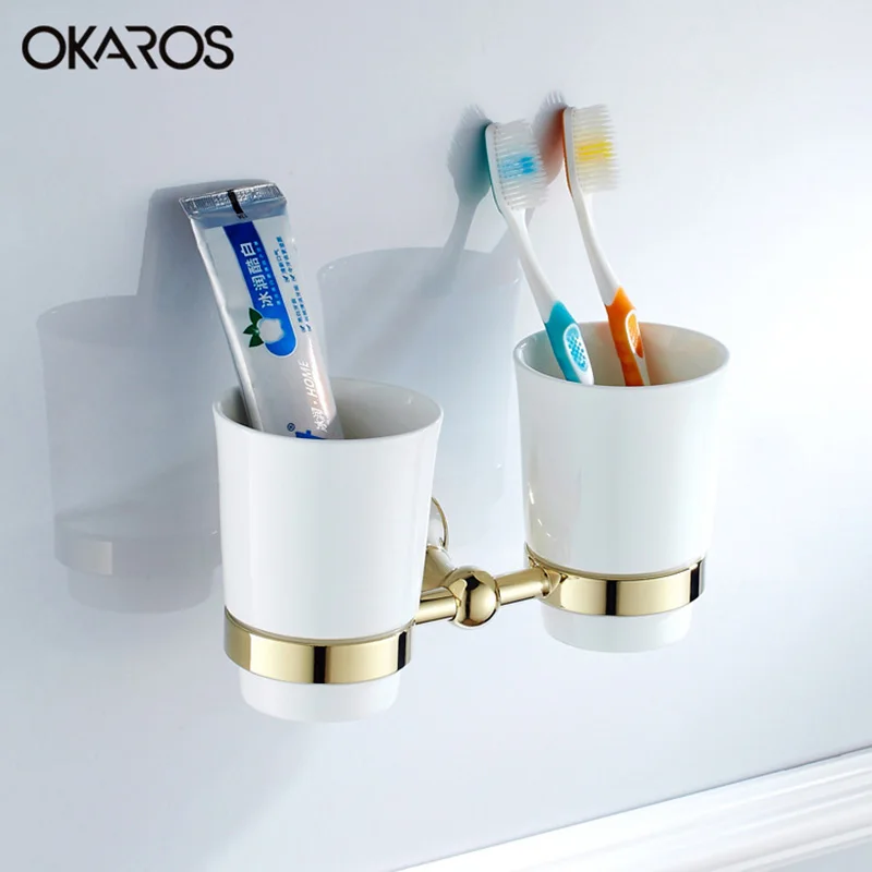 

OKAROS Wall Mounted Bathroom Double Ceramic Cup Holder Toothbrush Tumbler Holder Chrome/Gold Plating Bathroom Accessories