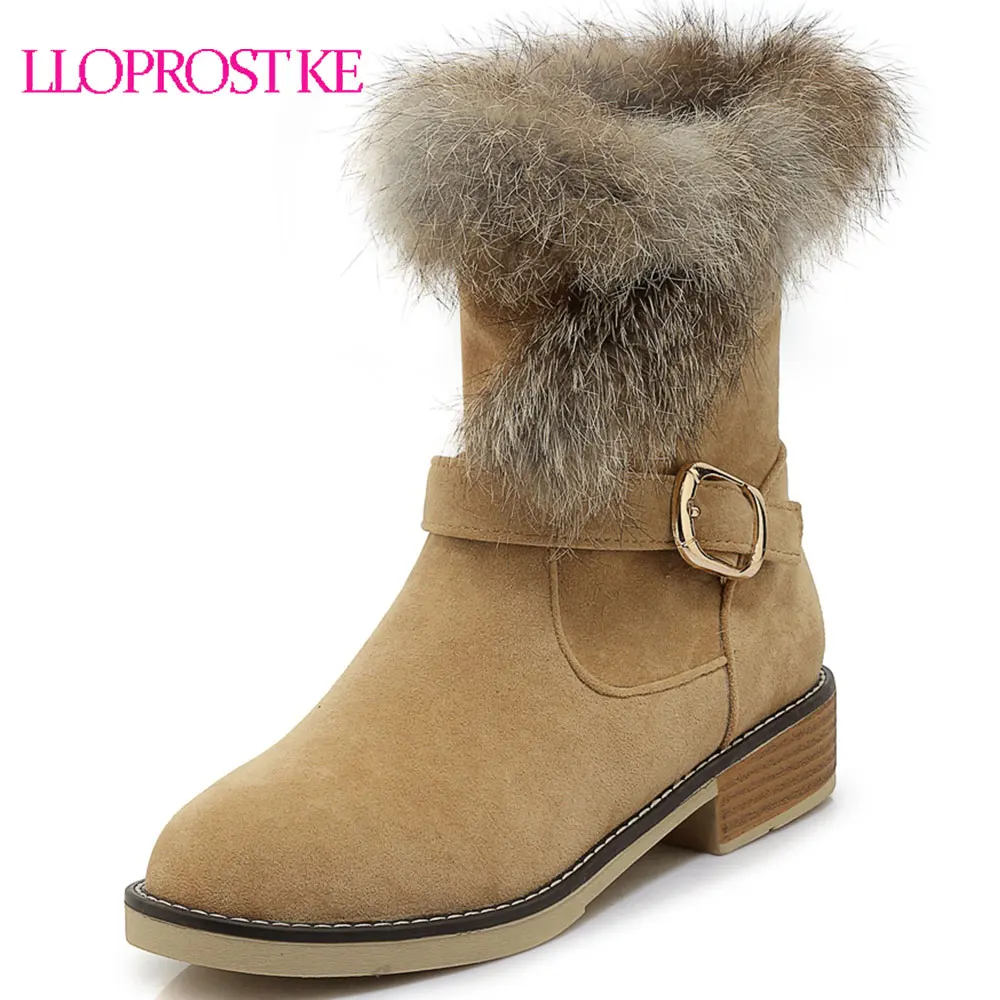 

Lloprost ke Zipper Warm Shoes Woman Add Fur Winter Snow Boots Female Shoes Thick Heels Mid Calf Boots Large Size 32-44 D336