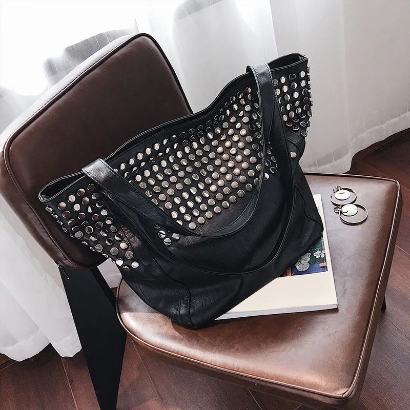 Big Bag For Women Summer Shopper Bag Tote Rivet Large Capacity Soft Leather Casual Black Handbag Ladies Sling Bag