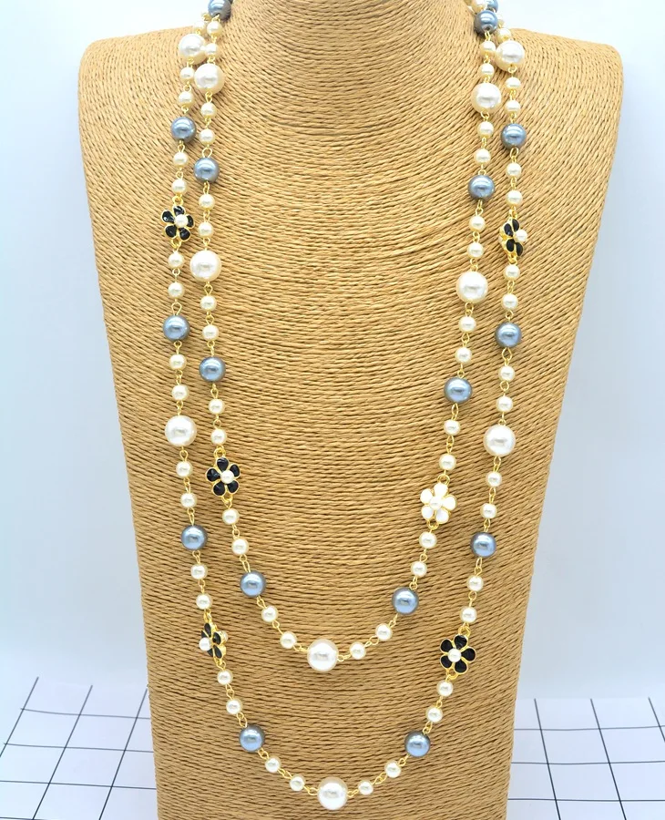 

166cm Number 5 Flowers black Camellia necklace,Brand Collier Femme Simulated Pearl Sweater Chain jewelry Perle Long Necklace