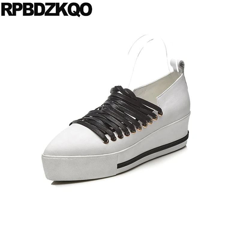 

Women Sneakers Brand White Striped Designer High Top Wedge Breathable Genuine Leather Wide Fit Shoes Ladies Muffin Pointed Toe