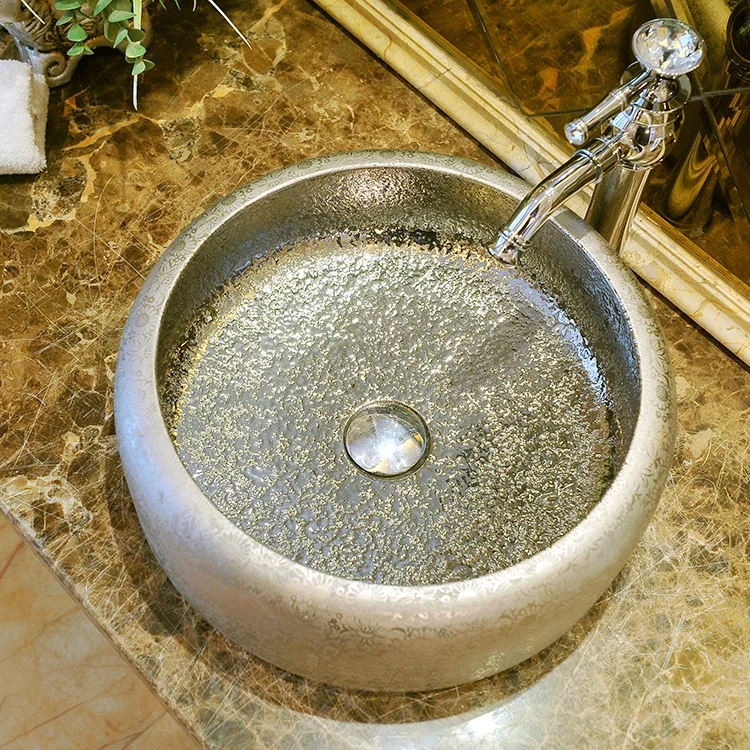 Counter Top Wash Basin Cloakroom Hand Painted Vessel Sink bathroom sinks deep basin sink ceramic wash glazed silver color | Обустройство