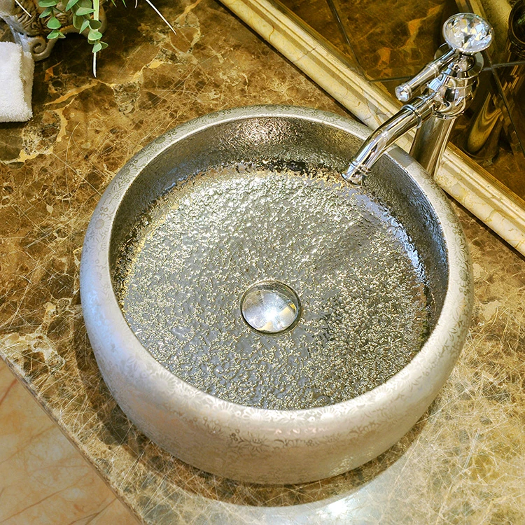 counter top wash basin cloakroom hand painted vessel sink bathroom sinks deep basin sink ceramic wash basin glazed silver color