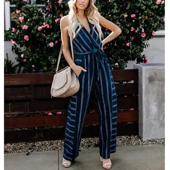 

Sexy Sleeveless jumpsuit women long romper summer backless bodysuit trousers striped beach jumpsuit coveralls female frock