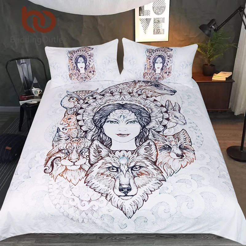 

BeddingOutlet Wolf Bedding Set Fox Owl Duvet Cover Set Queen Woman Home Textiles 3-Piece Wild Animal Printed Vintage Bedclothes