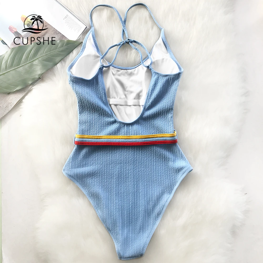 Billig CUPSHE Blau einteiliges Badeanzug Frauen Cut Out Soild Monokinis Mit Einzelnen Bund 2020 Neue Mädchen Strand Badeanzug bademode