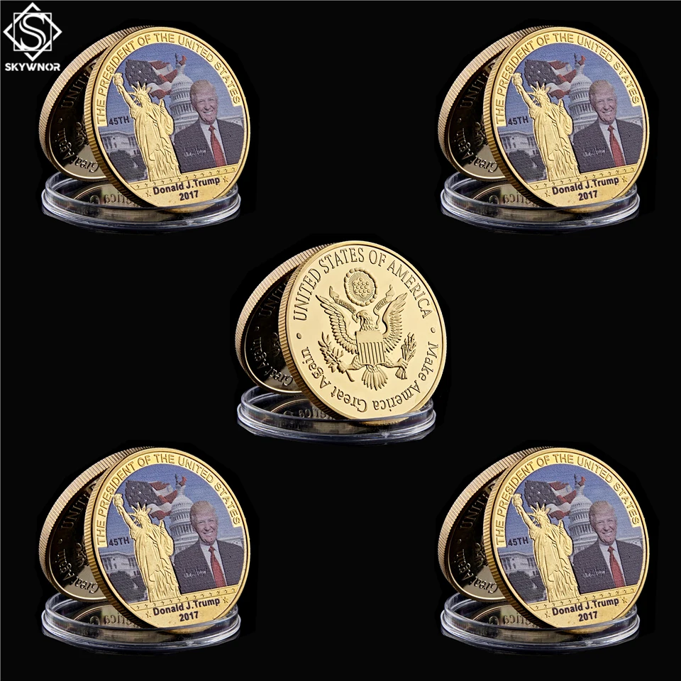 

5PCS 2017 American 45th President Donald Trump USA Souvenir Gold Coin Make American Great Again Token Value Coins