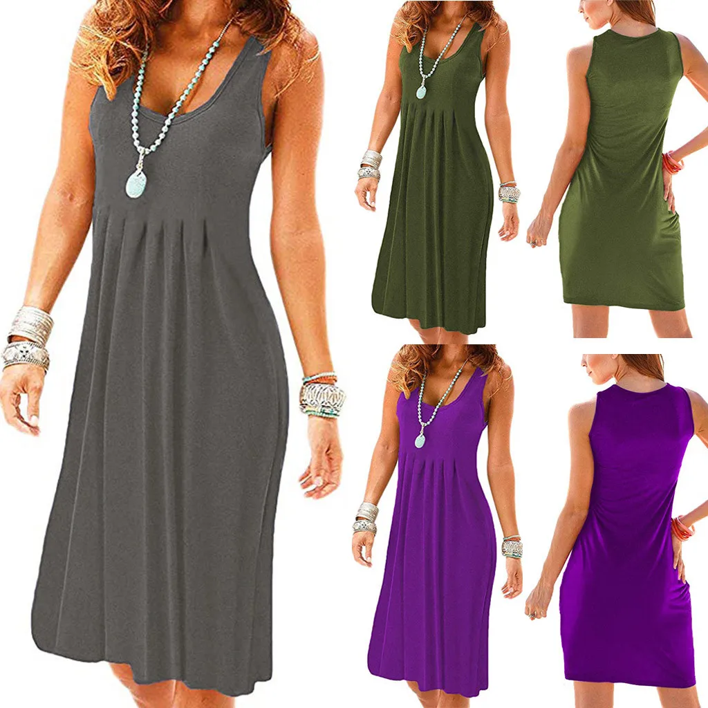 

Summer Dress Sexy Dress Women strand jurkjes Casual Solid Sleeveless Plain Pleated O-Neck Above Knee Mini Dress Girl 2019