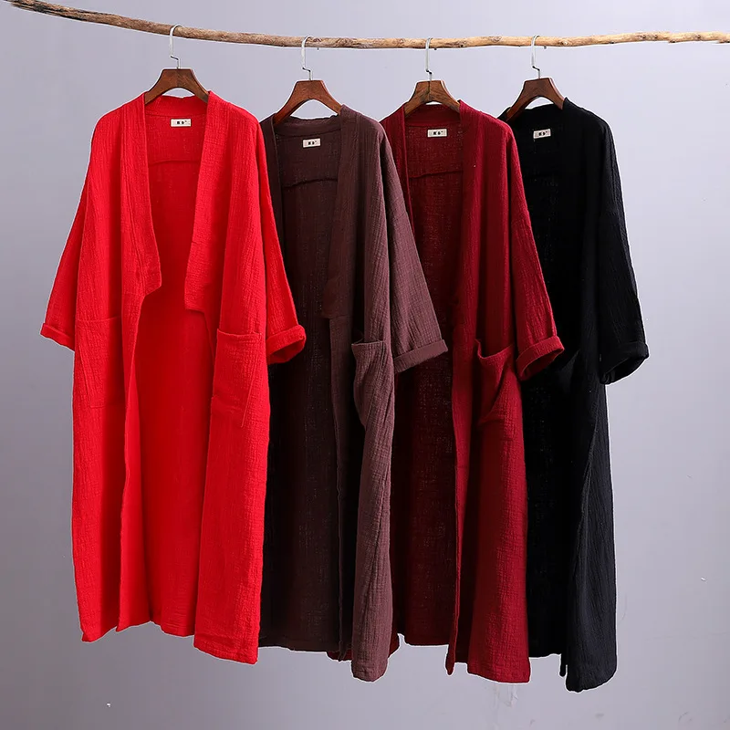 

Autumn shirts winter new cotton linen women's solid color double-layer bamboo long section windbreaker women's outerwear jacket