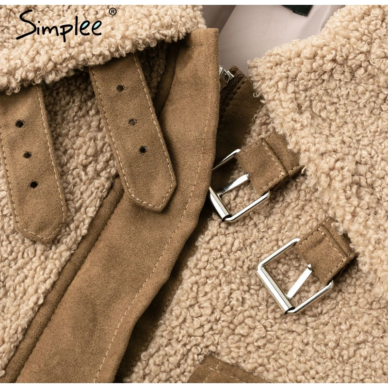Женская шуба Simplee цвета хаки, куртка из овечьей шерсти, теплая короткая куртка из искусственного меха на молнии на осень и зиму