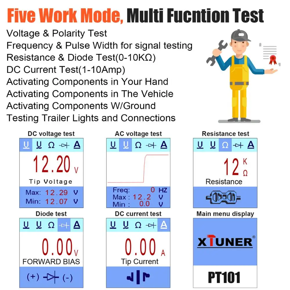 Xtuner PT101 12 В/24 В Силовая цепь зонда тестовый er DC/AC электрическая система диагностический инструмент Напряжение Ток тест автомобильный аккумулятор тестовый er