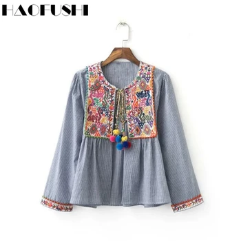 2017 Spring Floral Embroidered Fashion Shirt Ladies Flower casual striped shirt Straps color ball loose blouses