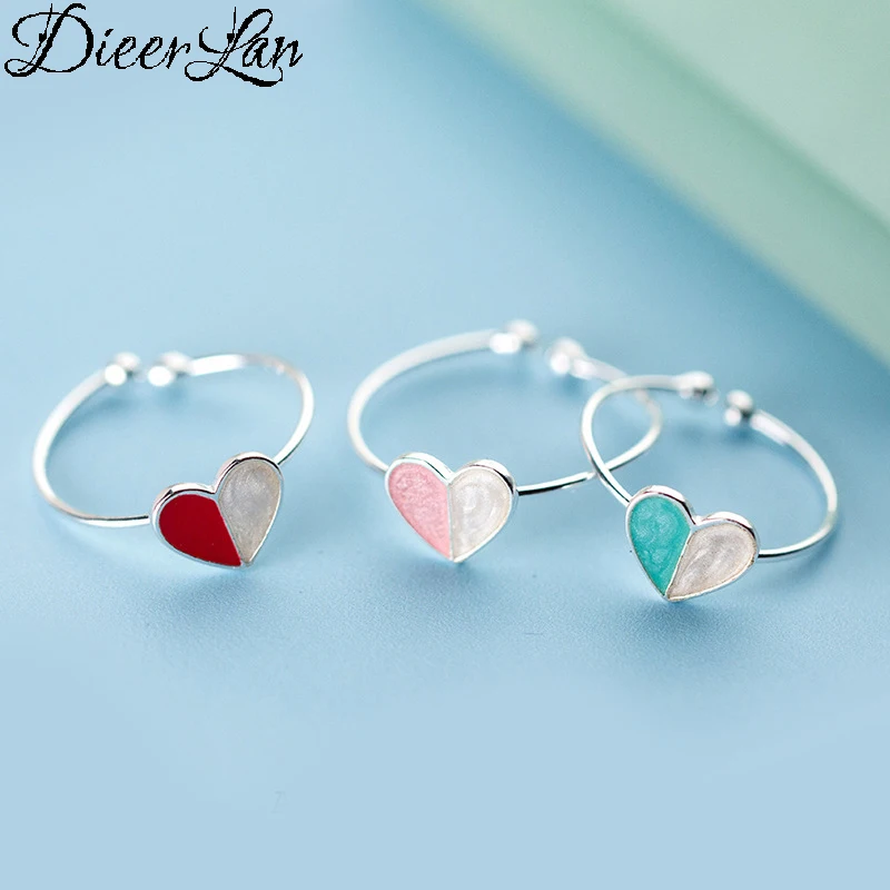 

DIEERLAN 3 colors 925 Sterling Silver Red Heart Rings for Women Jewelry Beautiful Finger Open Rings For Party Birthday Gift