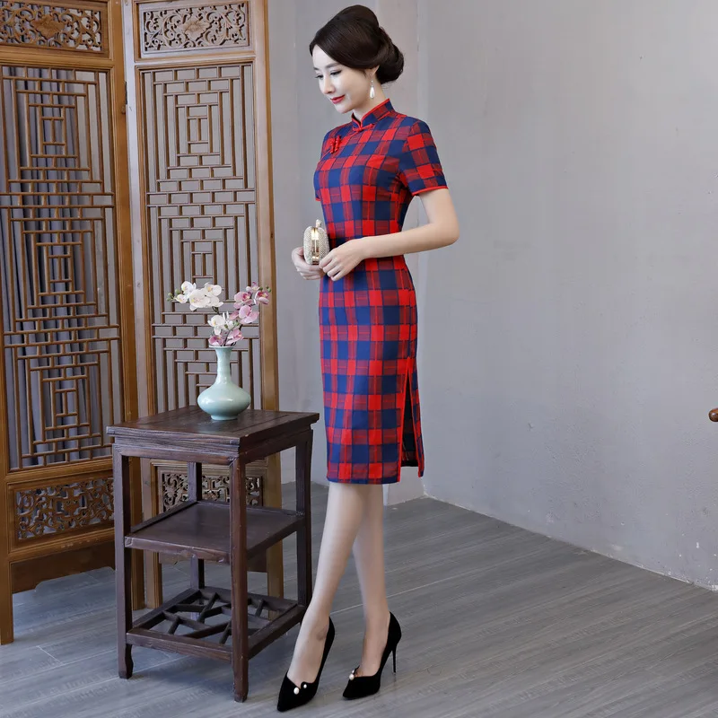 

New Ladies Cotton Cheongsam 2019 Chinese style Mandarin Collar Knee Length Dress Stylish Womens Qipao Slim Party Dresses Vestido