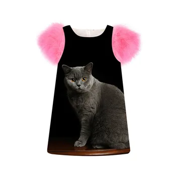 

Children Girls Dress fashion Spring/Autumn faux fur sleeve girls printing Black Cat Toddler Kids Dresses baby Clothing