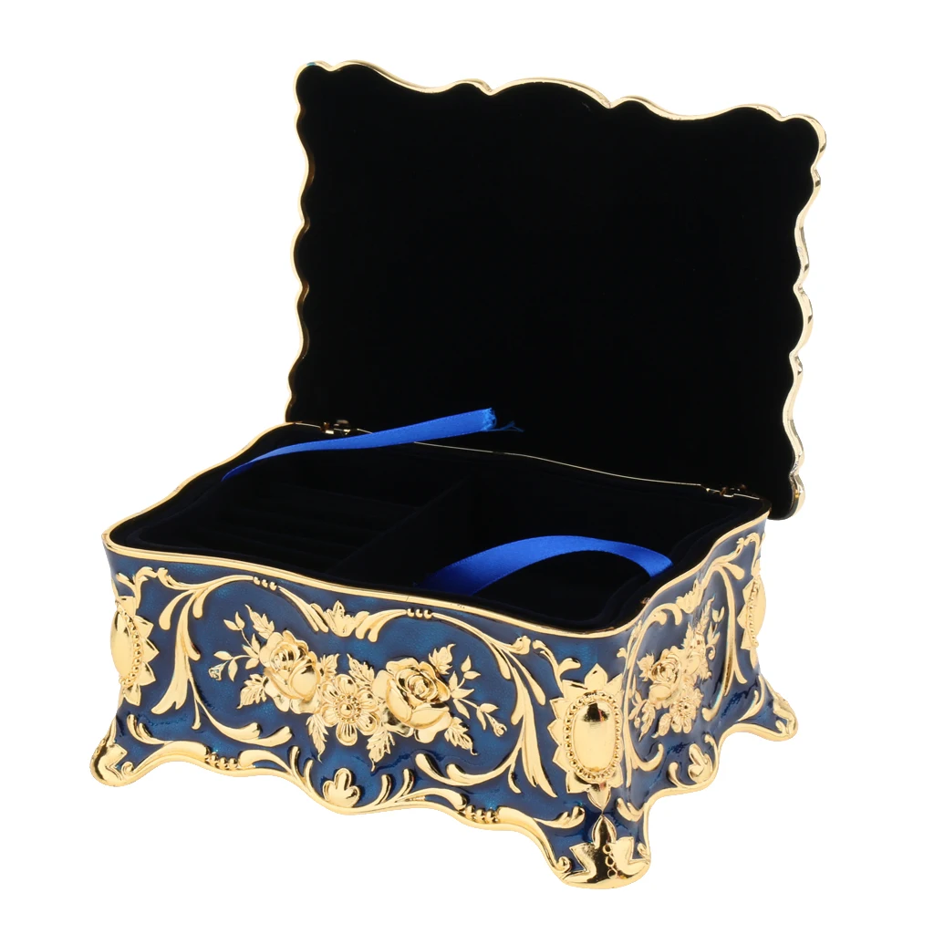 2-Layer Blue Large Vintage Metal Trinket Jewelry Boxes Gift Storage Organizer Gift for Girls Teens Women