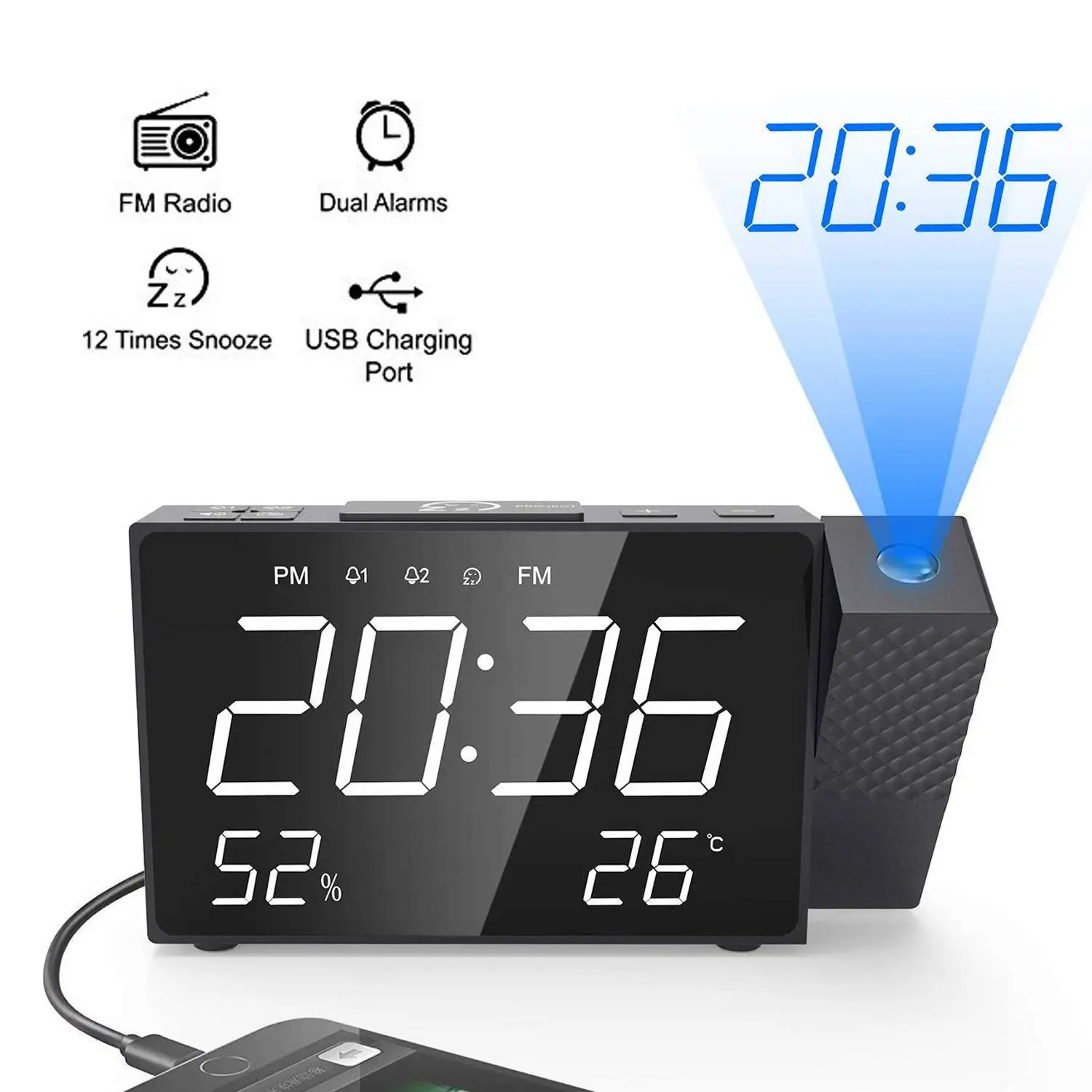 Проекционный Будильник цифровой FM радио Повтор времени влажность температура, led-дисплей двойной Будильник проектор настольные часы