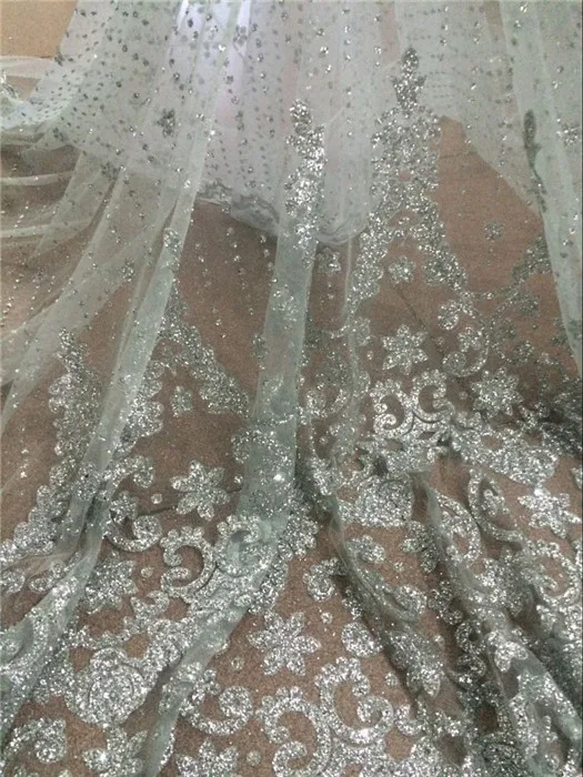 

Elegant party dress material silver French net lace fabric African tulle mesh lace material with glitter UN17(5yards/pc)