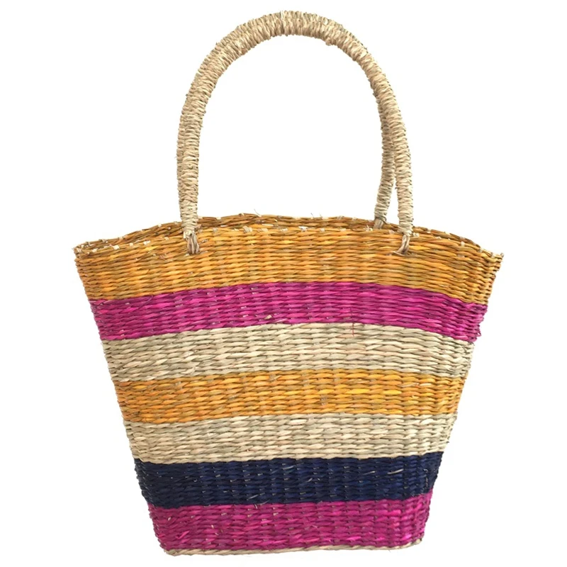 

FGGS-Women Travel Beach Bags Striped Woven Women Handbags Summer Straw Bag Casual Shopping Bags Female Shoulder Rattan Bags