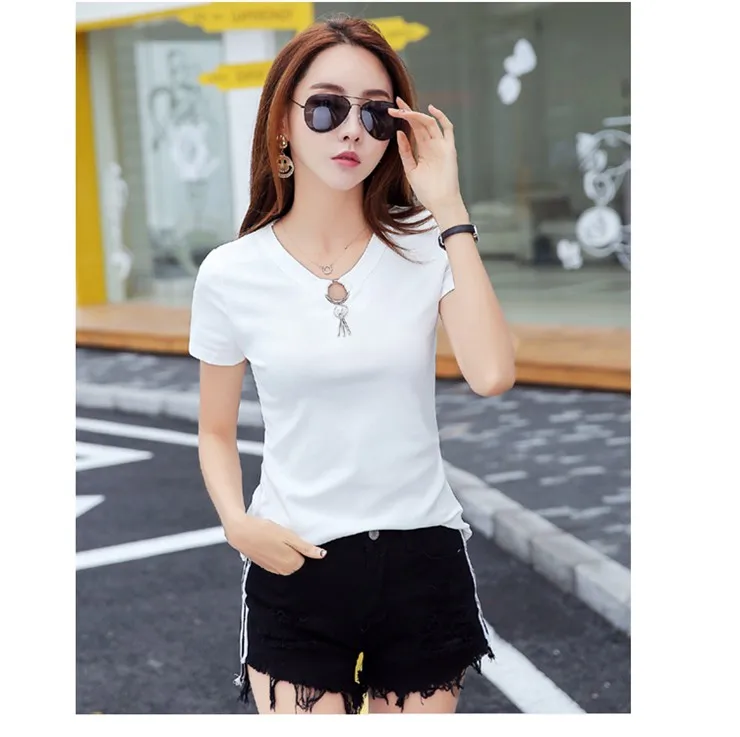 Summer T-shirts For Women 2018 Korean Fashion Tops Tees Female Hole V-neck Tshirt Lady Casual Short Sleeve Poleras Mujer  (5)