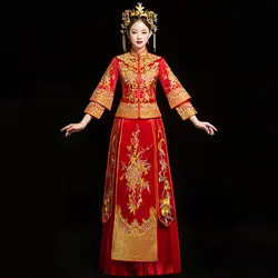 Красный невесты cheongsam S-6XL Винтаж китайский стиль свадебное вечернее платье вышивка феникс Qipao костюмы Vestidos плюс размеры