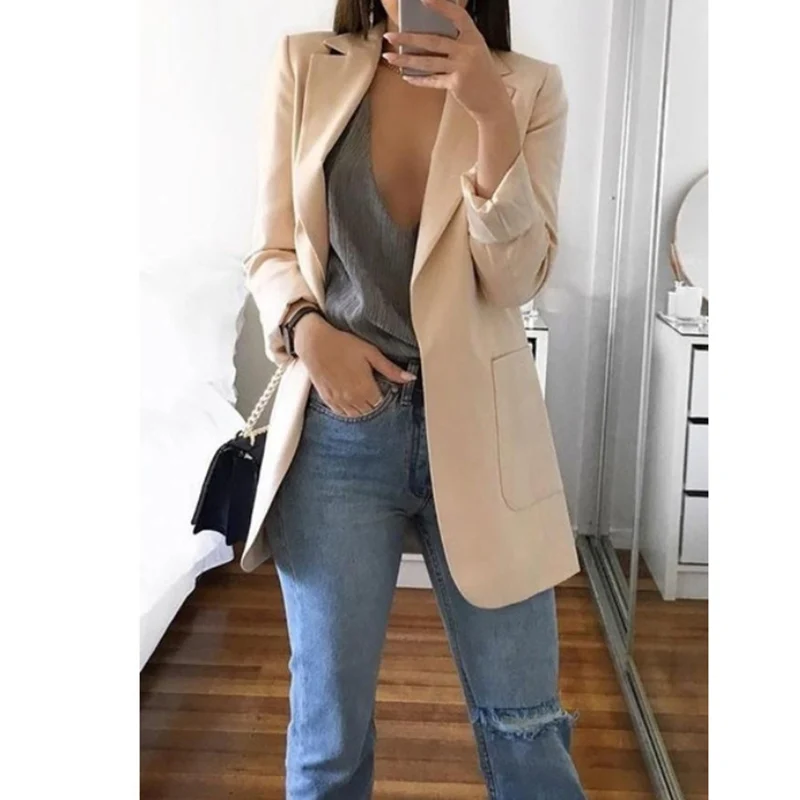 OL commuter solid color lapel suit collar long-sleeved cardigan loose long women's blazer OL commuter solid color lapel suit collar long-sleeved cardigan loose long women's blazer
