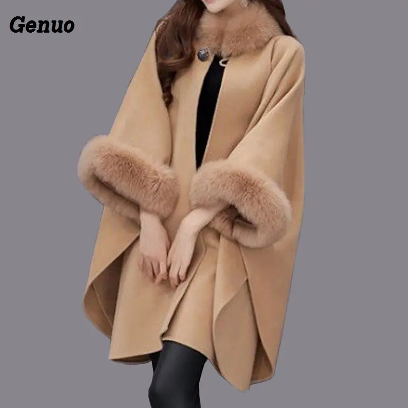 

Women Wool Coat Camel Poncho Winter Knitwear Shawl Cape Feminino Loose Warm Outerwear Inverno Plus Size 3XL Genuo Overcoat