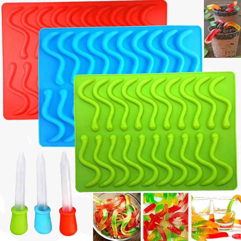 JX-LCLYL Silicone Bar Ice Tray Jelly Mold Worms Snake Chocolate Candy Gummy Maker Mold