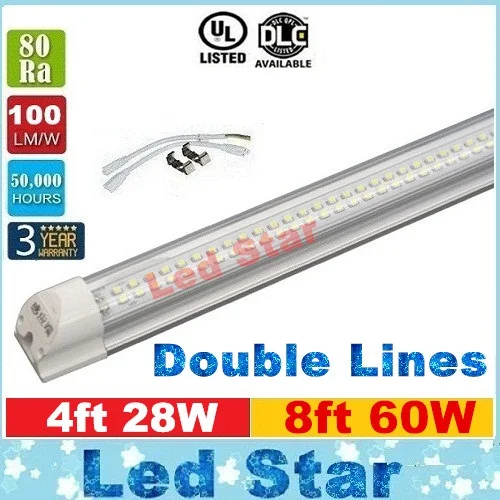 

Integrated T8 Led Lights 4ft 28W 8ft 60W Led Tubes Light double lines Led Light Tube 1200mm 2400mm AC 110-240V UL DLC