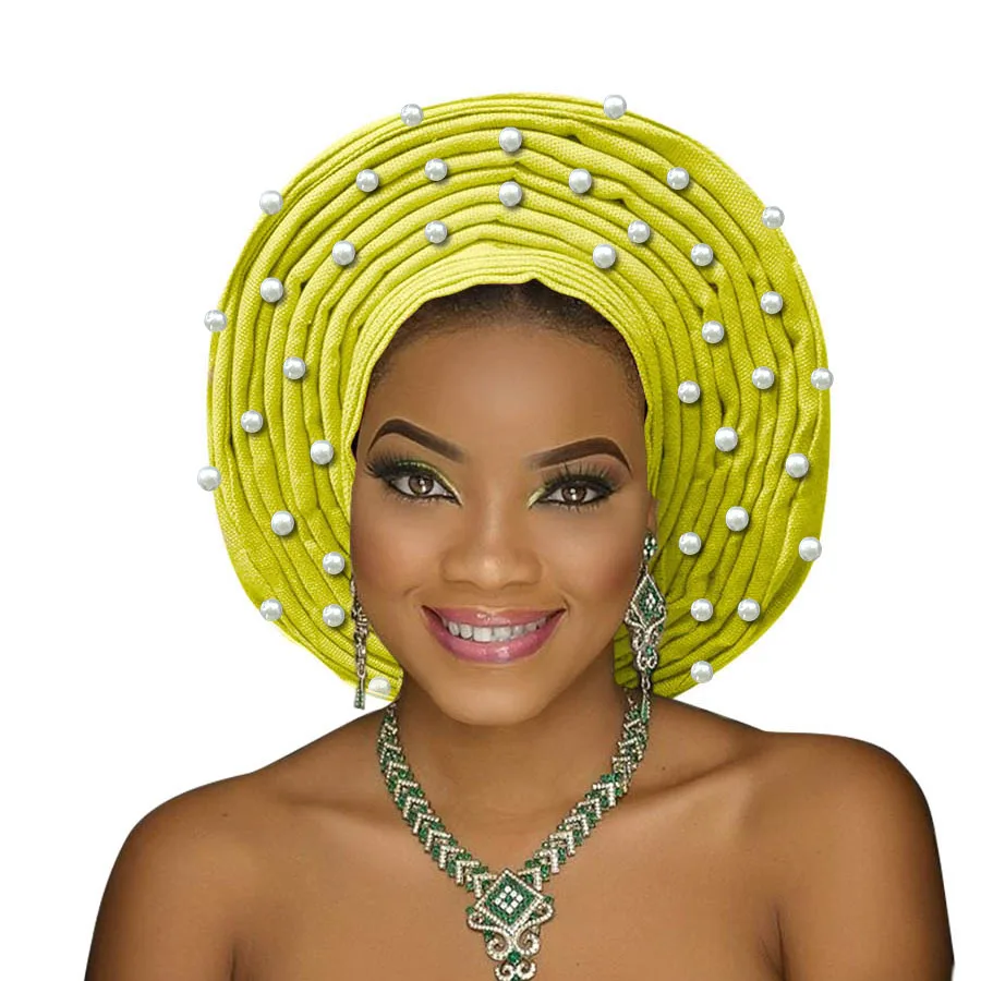 Нигерийский геле головной убор aso oke Африканский головной убор уже сделан Авто Хеле Африканский тюрбан aso ebi геле с большими полями - Цвет: yellow
