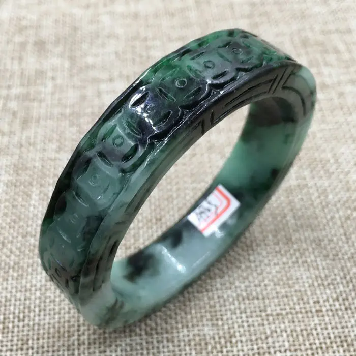 

59mm Vintage Chinese Hand-carved Black Green Jadeite Jade Bracelet Bangle 905