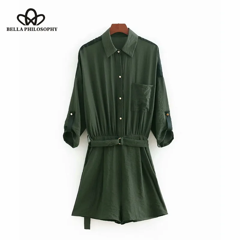 Wonder 2018 vintage three quarter sleeve pleated sashes conjoined short pants fashion business jumpsuits casual siamese trousers