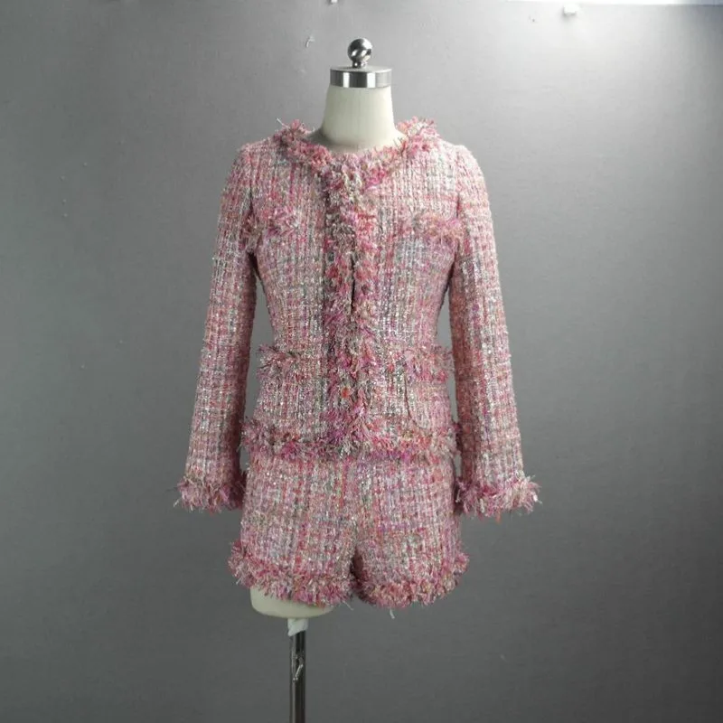 

Brand Women Autumn Spliced Tweed Jacket Shorts Two Piece Outfits Set Tassels Office Party Ladies Runway Pink Twill Business Suit