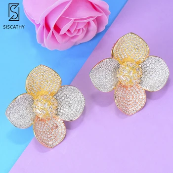 

Siscathy New Exquisite 3Tone Cubic Zirconia Stud Earring Girls Party Women Flower Statement Earrings Fashion Jewelry Accessories