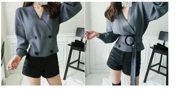 New High Quality Warm Cardigan Winter Women V Neck Double Breasted Short Sweaters Women Casual With Belt Knit Sweater DS50816