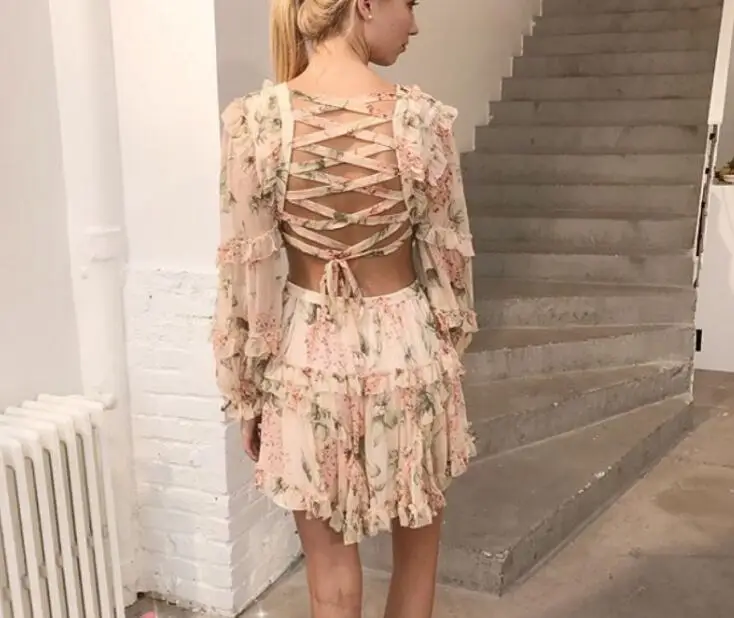 

2018 Runway Floral Print Silk Mini Dress V-neck Cutout Waist Open Back Crossover Lace-up Tied Long Sleeves Ruffles detail