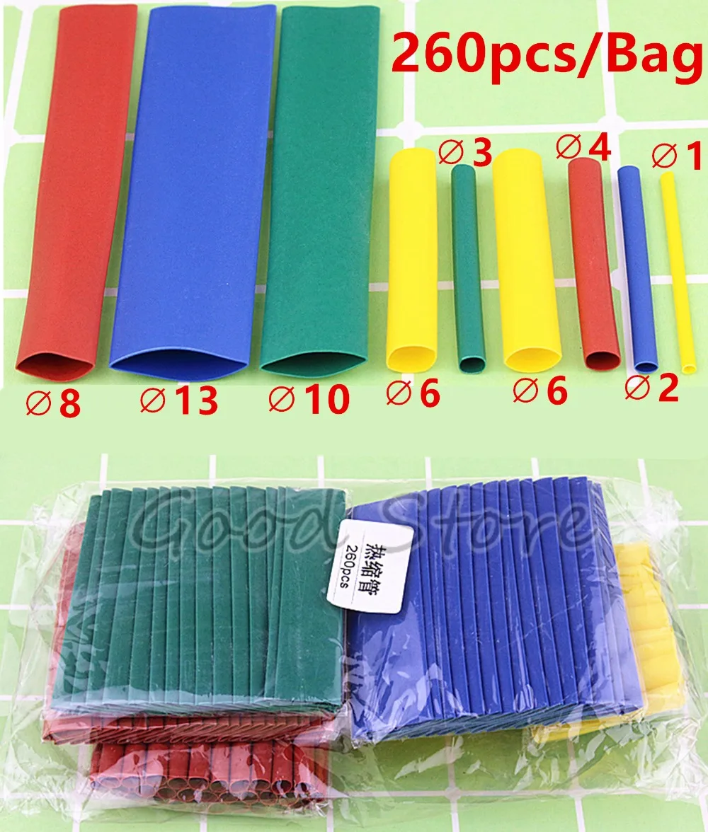 260pcs / Bag 4 colors 8 Size Polyolefin Assortment 2:1 Heat Shrink Tubing Tube Sleeving Wrap Wire Kit Set insulation | Обустройство