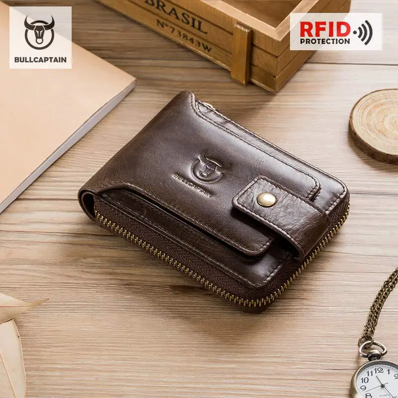 BULLCAPTAIN мужской брендовый кошелек из натуральной кожи RFID, Мужской органайзер, портмоне с карманами, тонкий модный кошелек на молнии, держатель для карт - Цвет: coffee